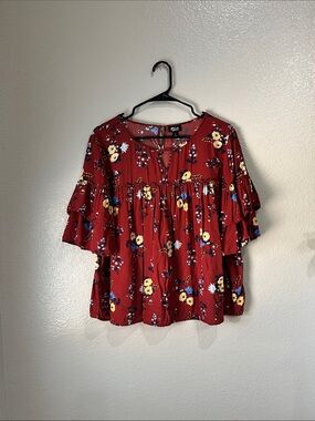 Apt. 9 Burgundy Floral Tiered Ruffle Blouse Sz L Bohemian Cottage Core